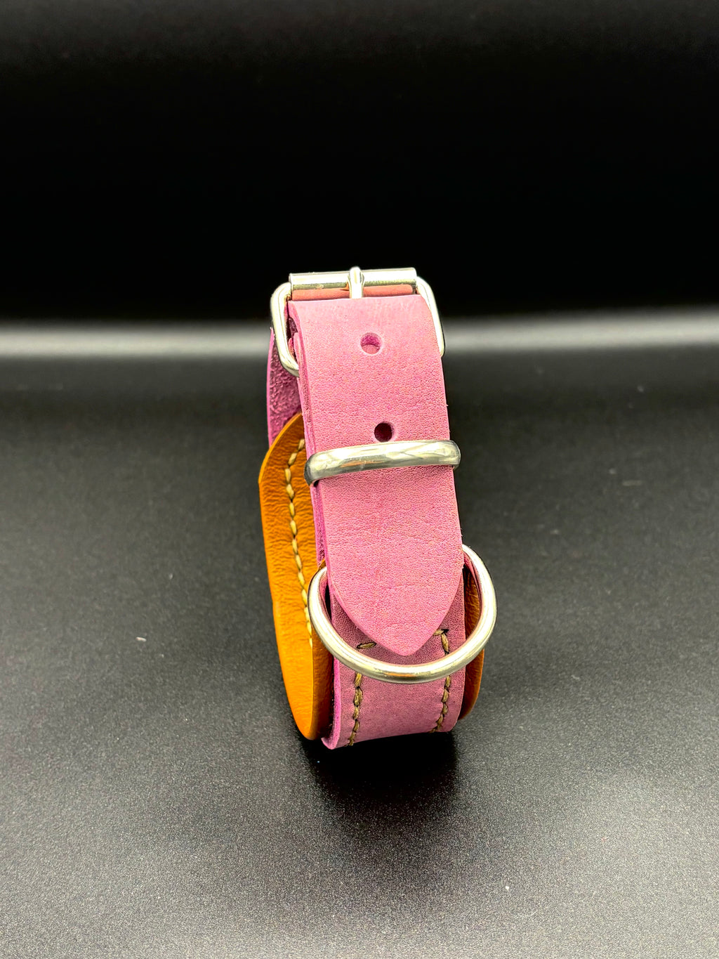 2-farbiges Leder-Hundehalsband – Handgenäht, Rosa-Braun