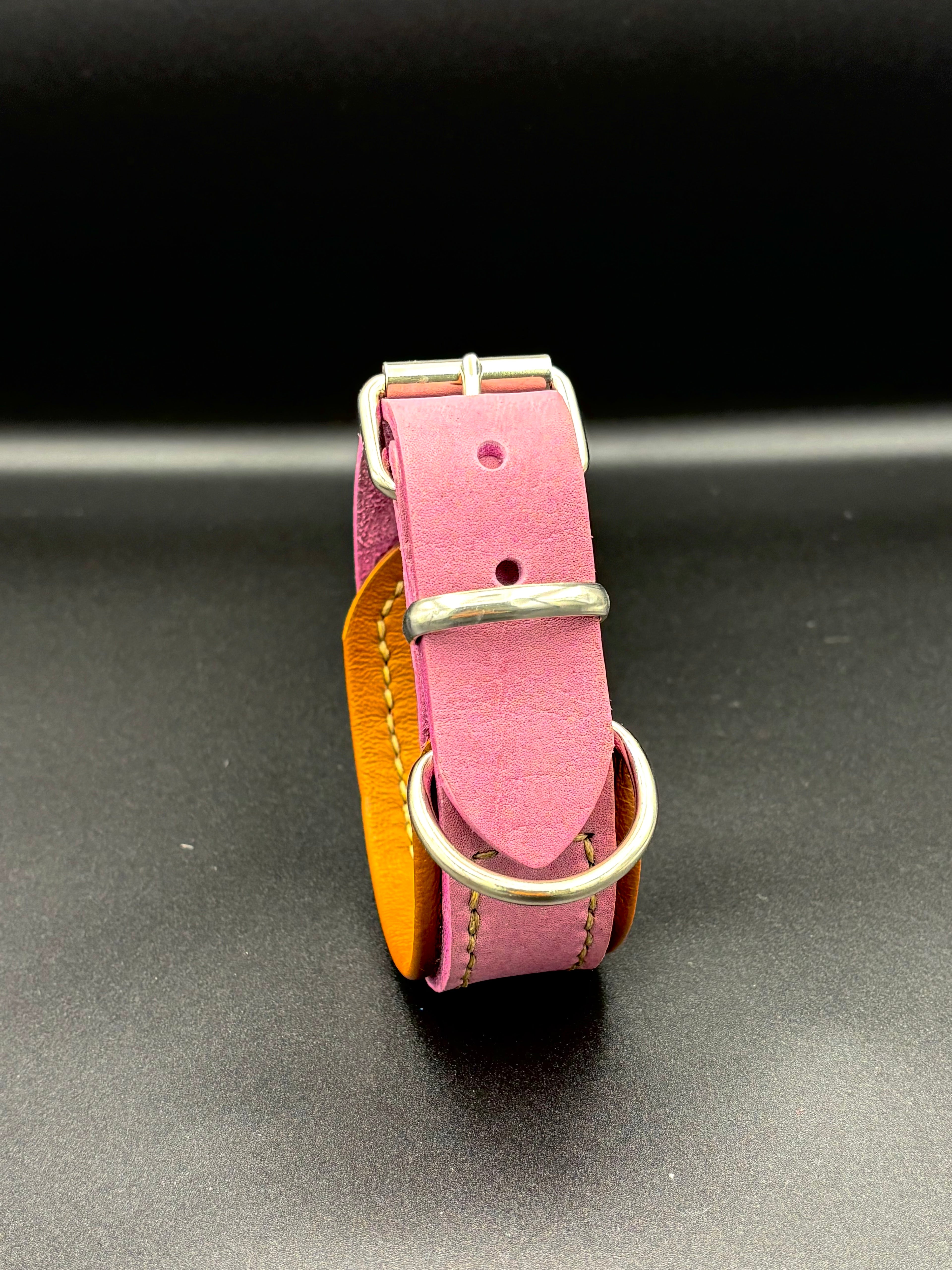 2-farbiges Leder-Hundehalsband – Handgenäht, Rosa-Braun