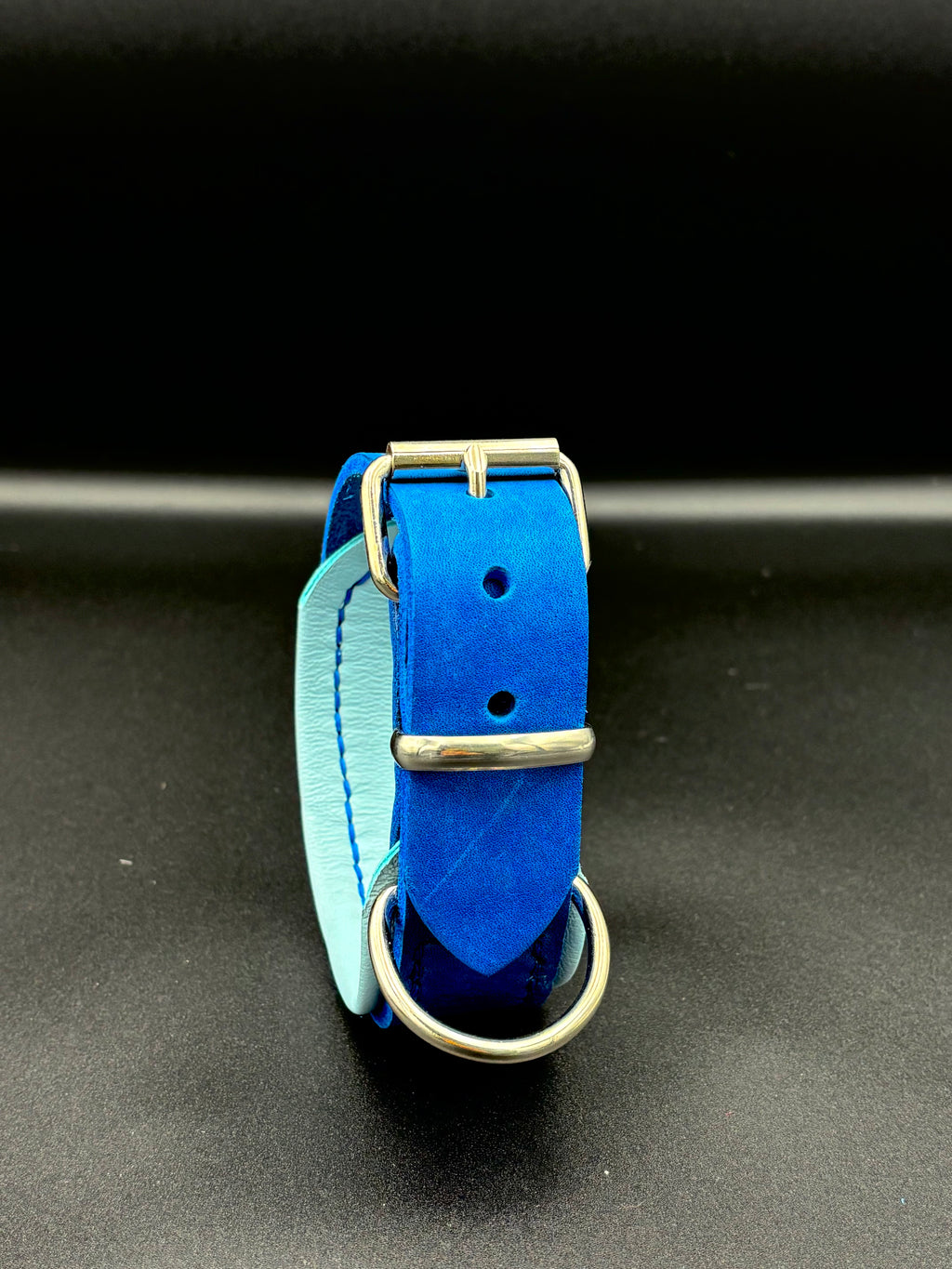 2-farbiges Leder-Hundehalsband – Handgenäht, Blau