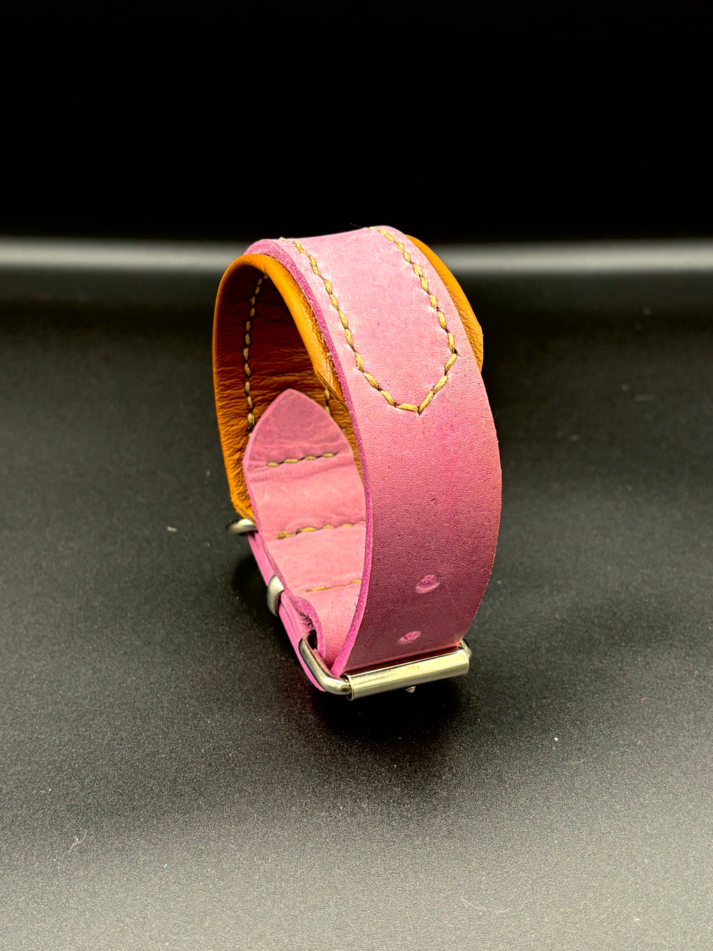 2-farbiges Leder-Hundehalsband – Handgenäht, Rosa-Braun